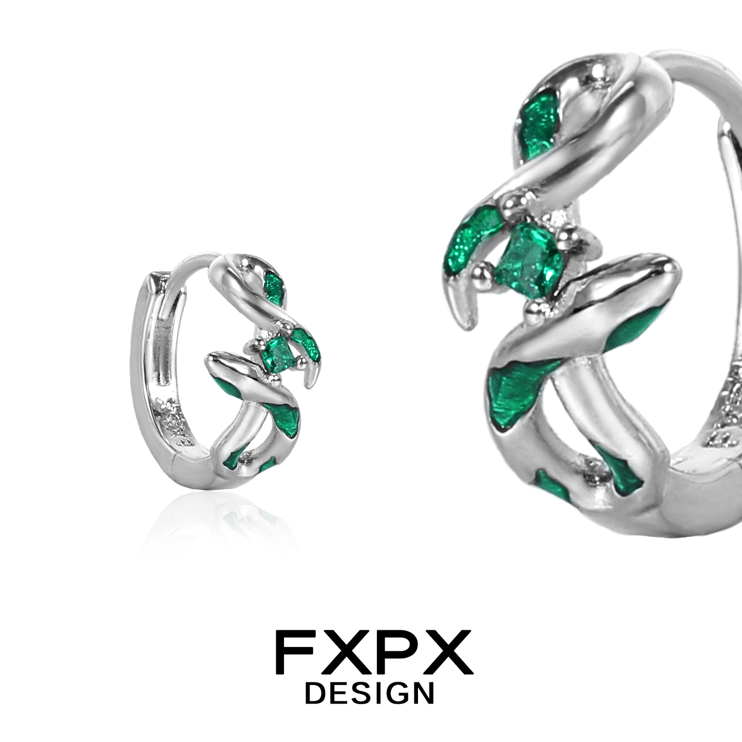 Stylish FXPX green snake earrings with sparkling green gemstones and a sleek silver design