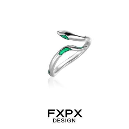 Stylish FXPX green snake ring for women with sleek silver design and emerald accents