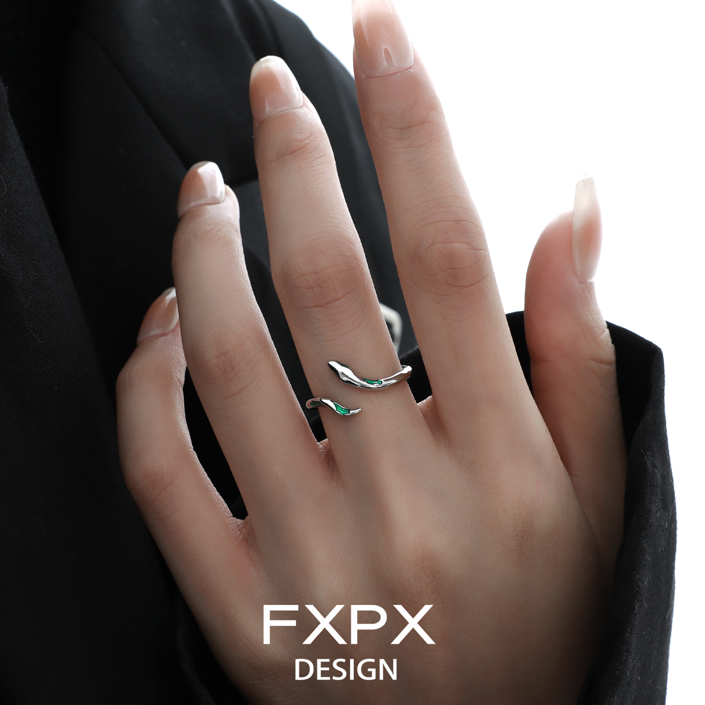 Stylish FXPX green snake ring for women featuring a unique design on a hand model