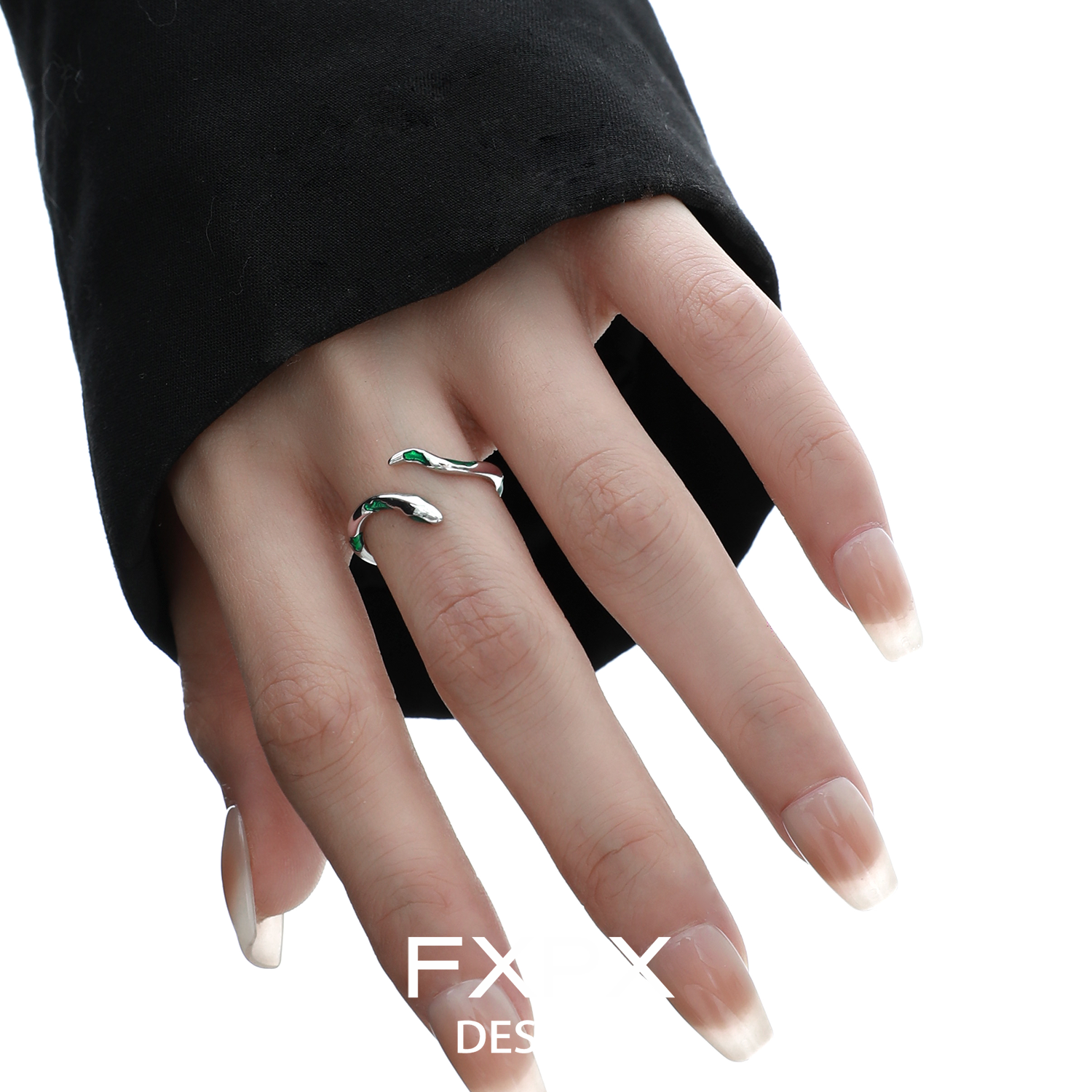 Stylish FXPX green snake ring for women with a sleek design on a model's hand