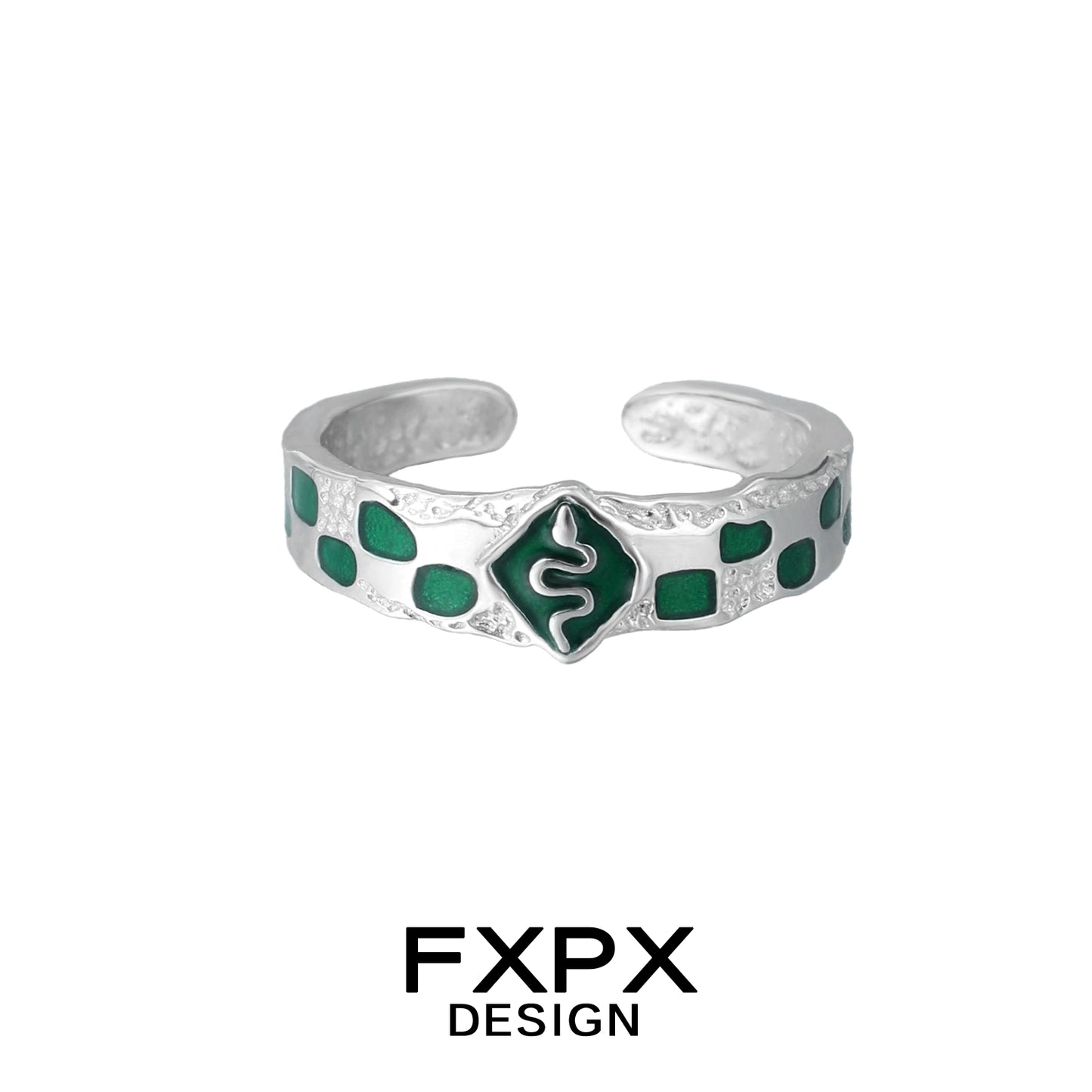 FXPX Green Snake Ring in Silver with Green Enamel Detailing and Unique Design