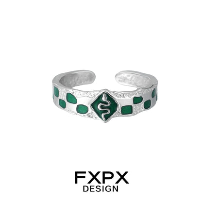 FXPX Green Snake Ring in Silver with Green Enamel Detailing and Unique Design
