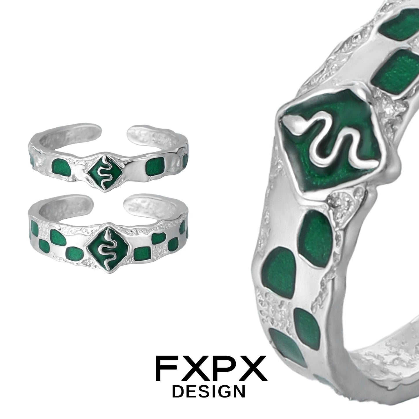 Unique FXPX green snake ring in silver with detailed snake design and emerald green accents