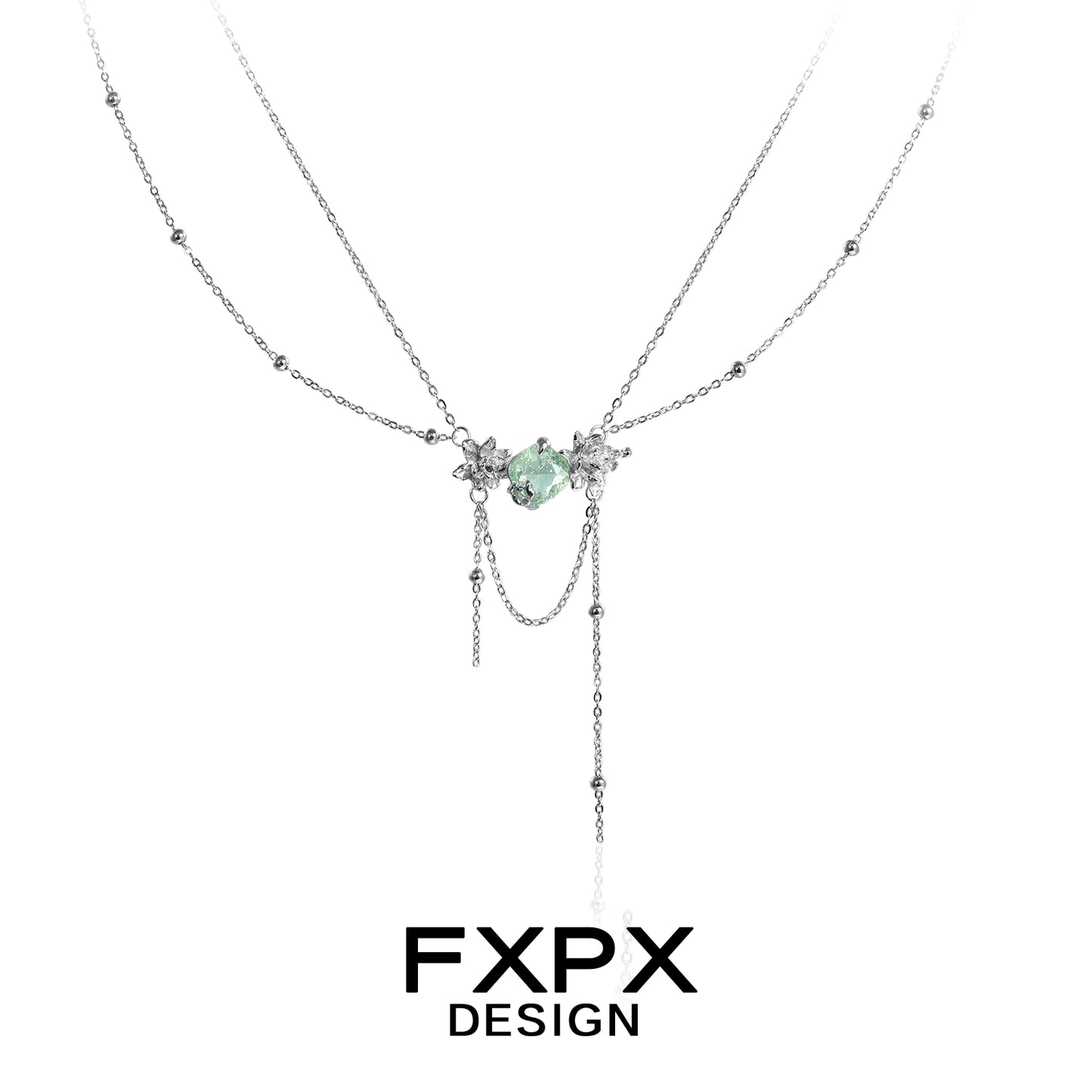 FXPX green zircon double layer necklace featuring delicate chain and sparkling accents