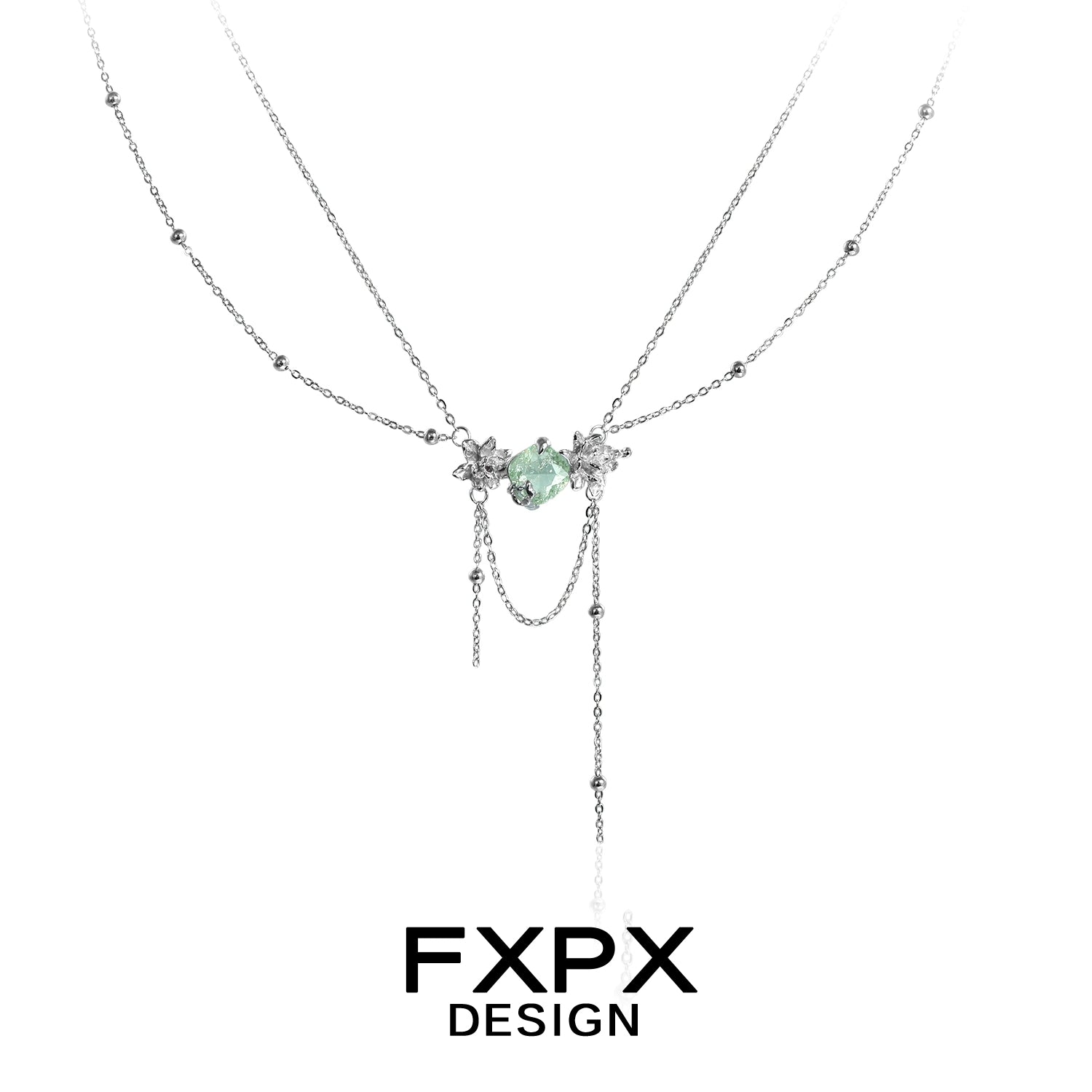 FXPX green zircon double layer necklace featuring delicate chain and sparkling accents