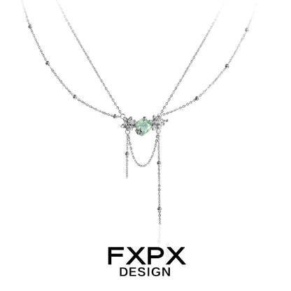 FXPX green zircon double layer necklace featuring delicate chain and sparkling accents