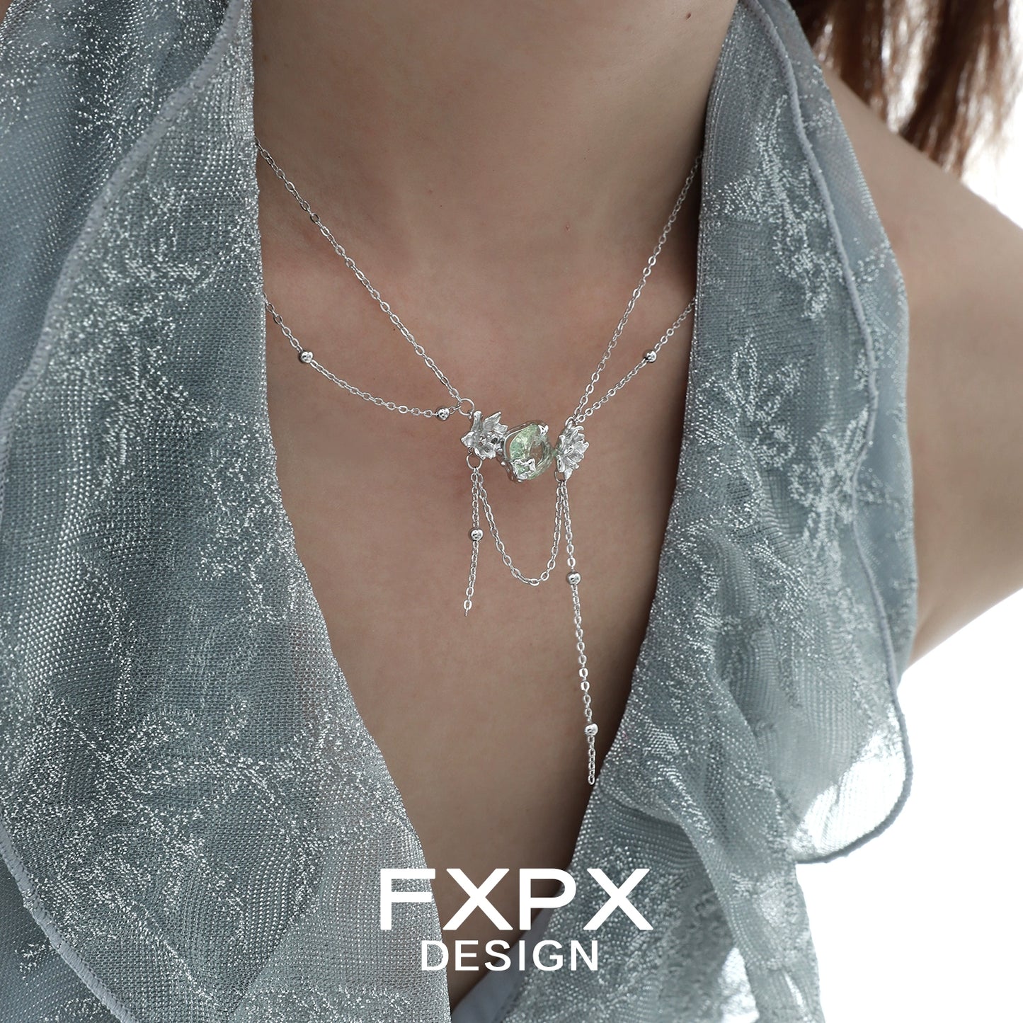 Elegant FXPX green zircon double layer necklace featuring shimmering gemstones for a stylish look