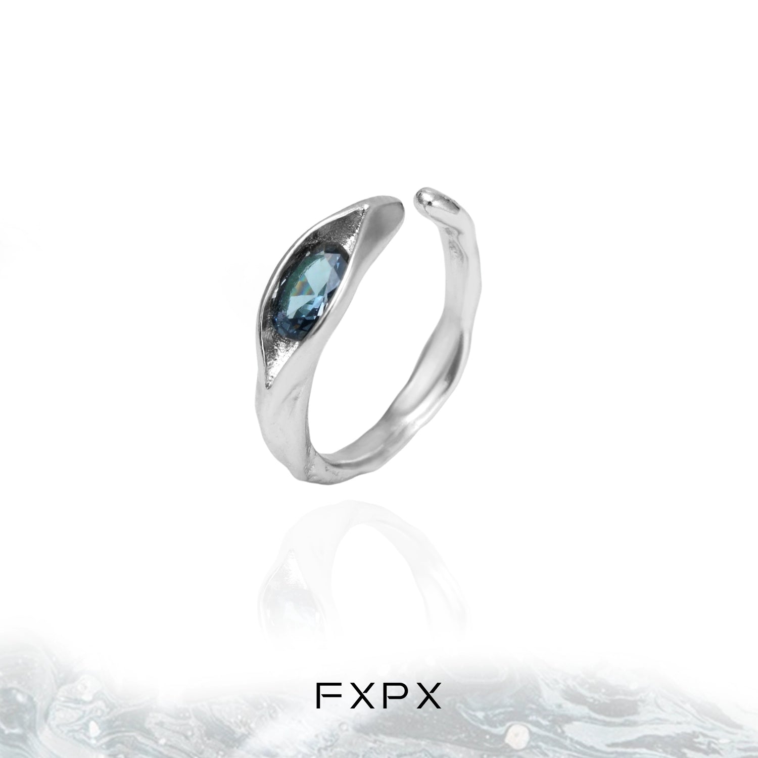 FXPX Iceland blue zircon ring with a unique wave design and a sparkling blue gemstone