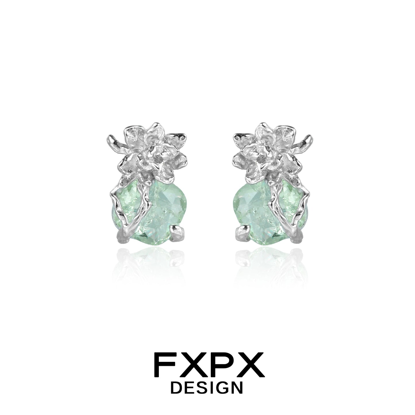 Elegant FXPX jasmine green zircon earrings with floral design and sparkling gemstones
