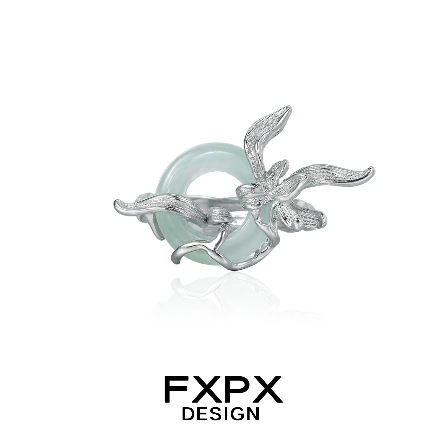 FXPX lake iris silver ring featuring a delicate design with a frosted mint glass accent