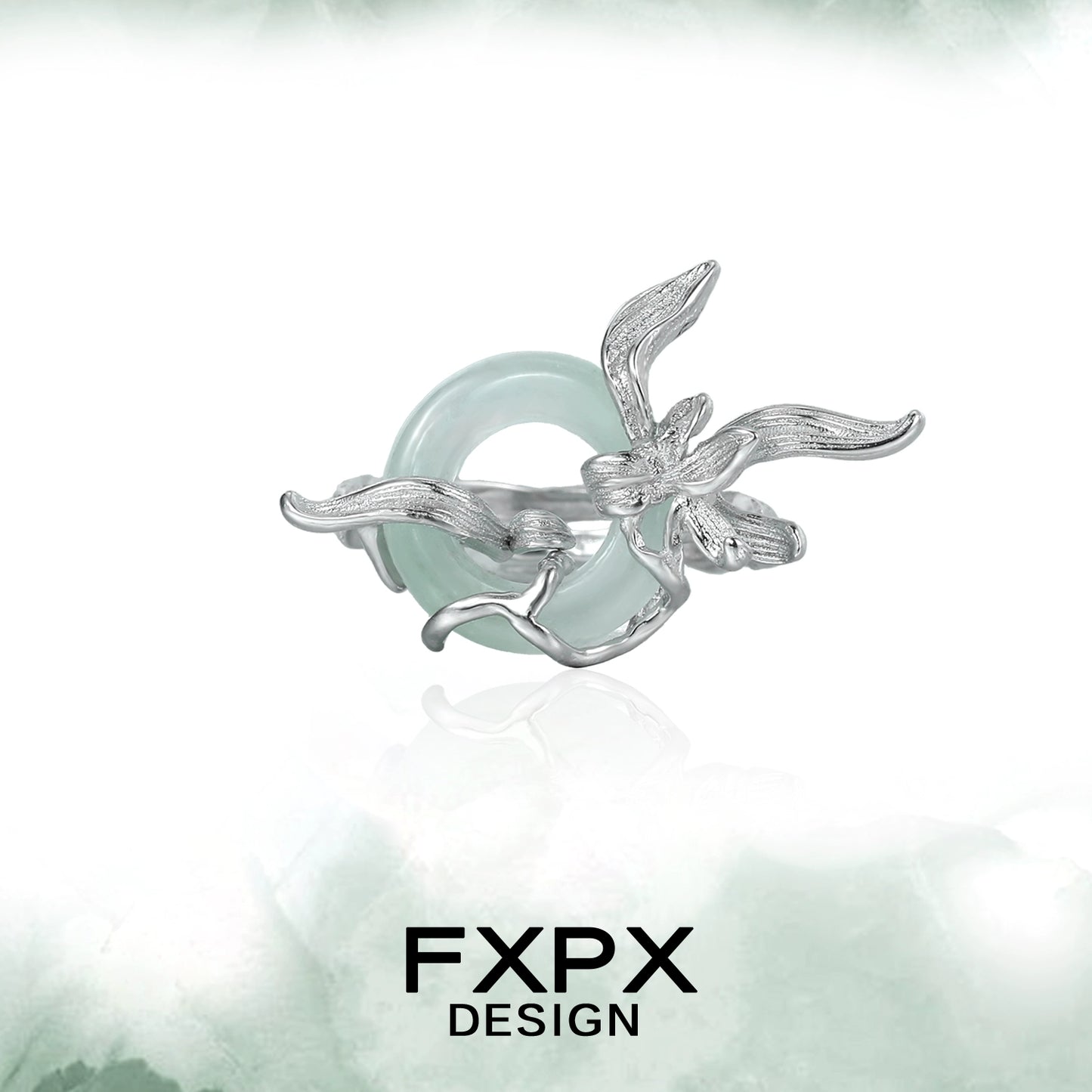 FXPX lake iris silver ring featuring an intricate floral design with a greenish stone