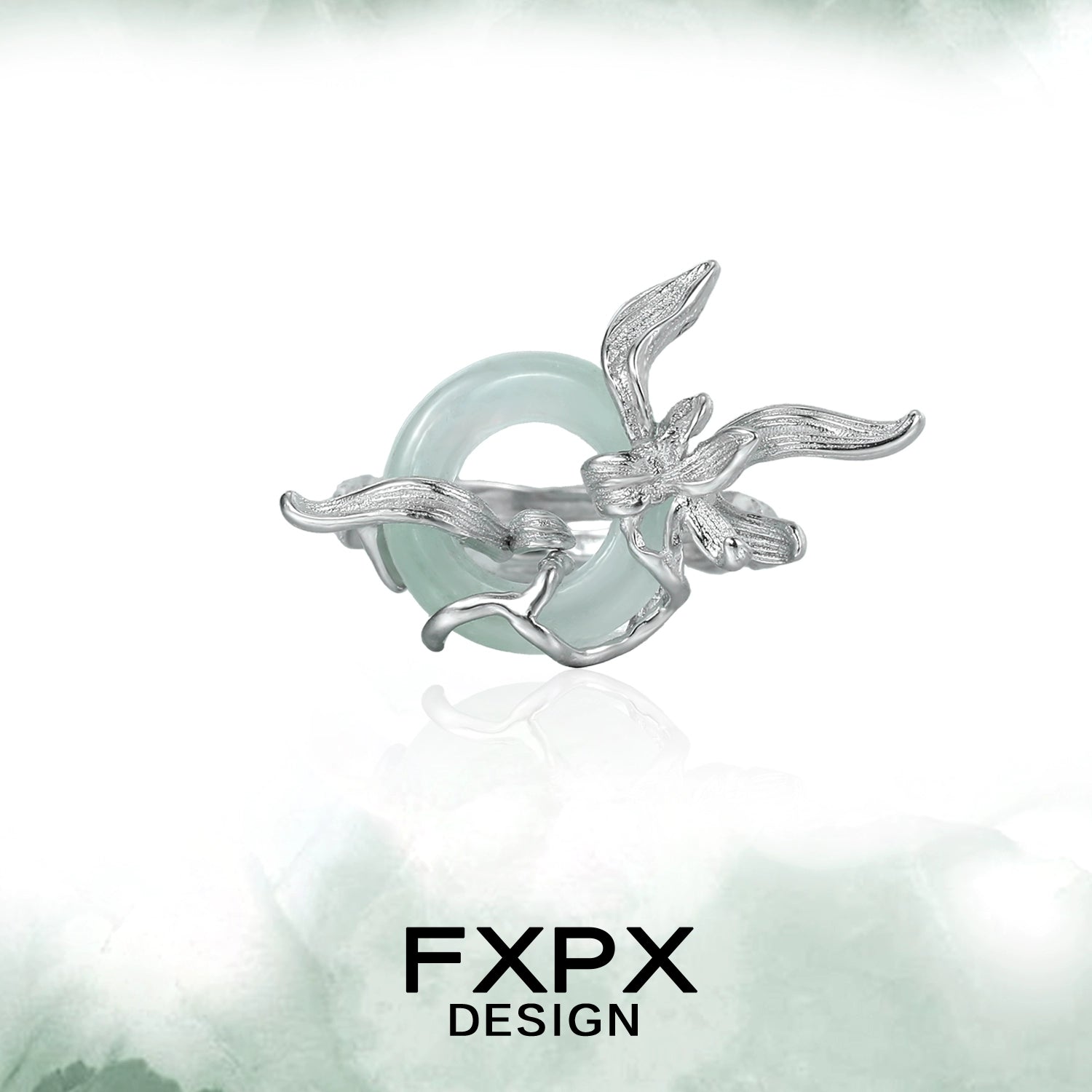 FXPX lake iris silver ring featuring an intricate floral design with a greenish stone