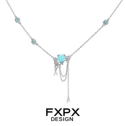 FXPX light blue rose pendant necklace with delicate chain and sparkling accents for elegant style