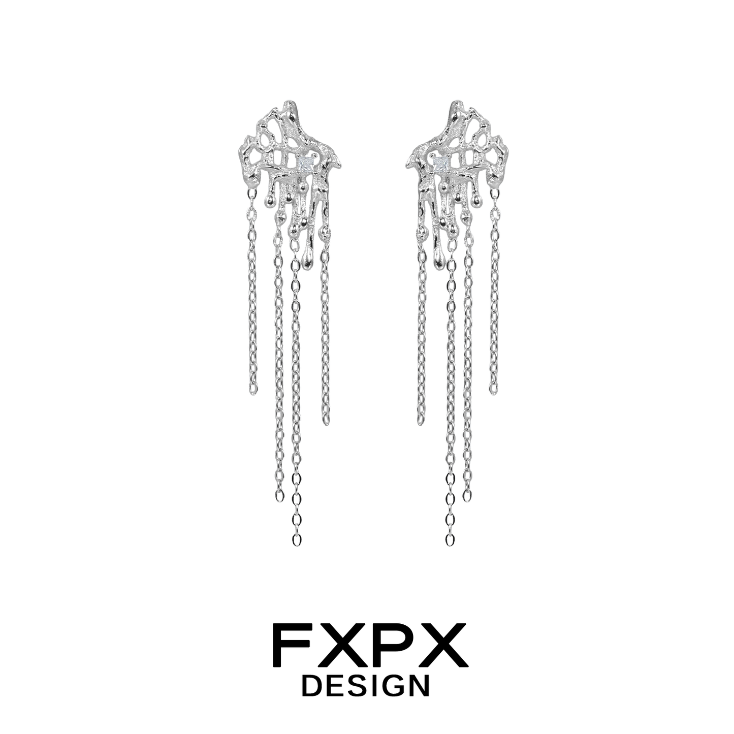 Liquid metal tassel earrings by FXPX featuring intricate designs and cascading chains
