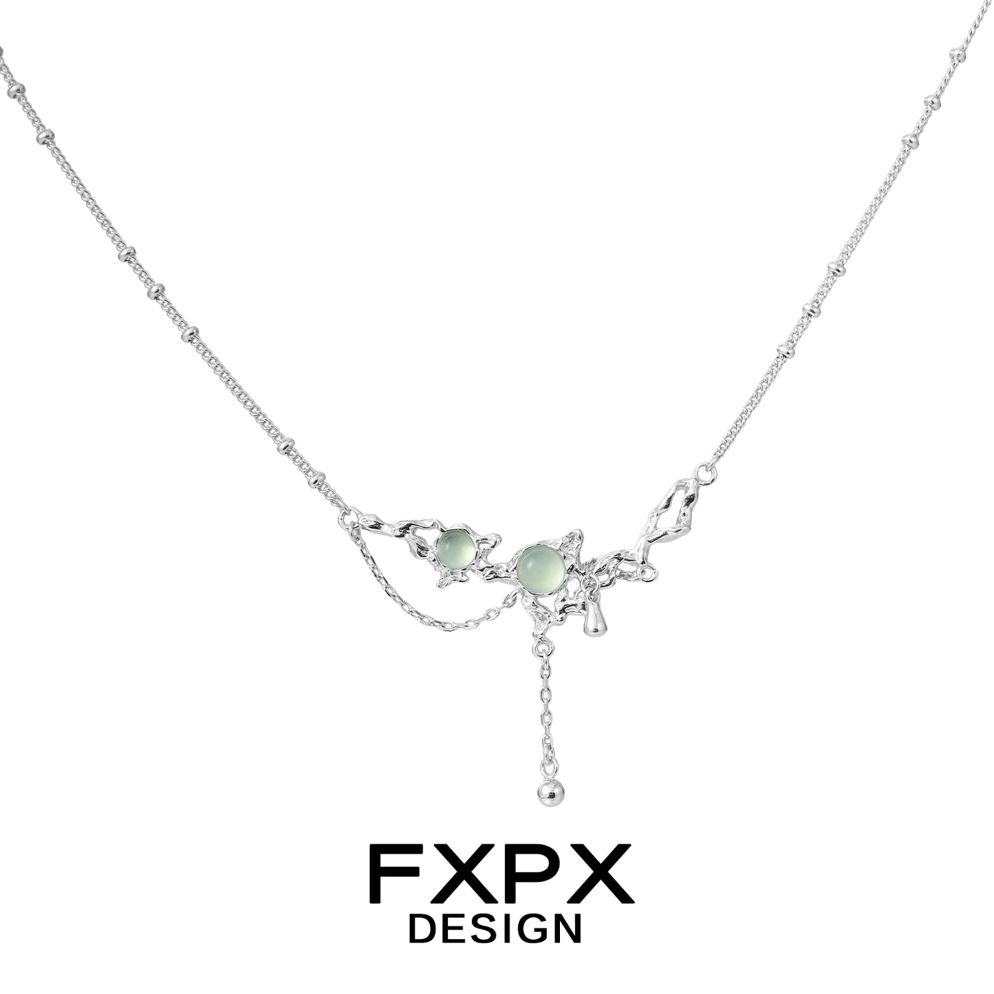 Elegant FXPX lotus pendant necklace with silver chain and decorative green stones