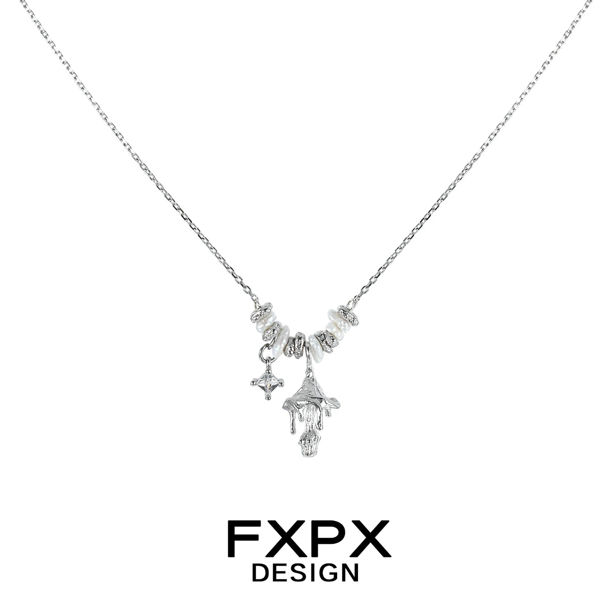 Silver FXPX metal mushroom necklace featuring intricate mushroom charms on a delicate chain