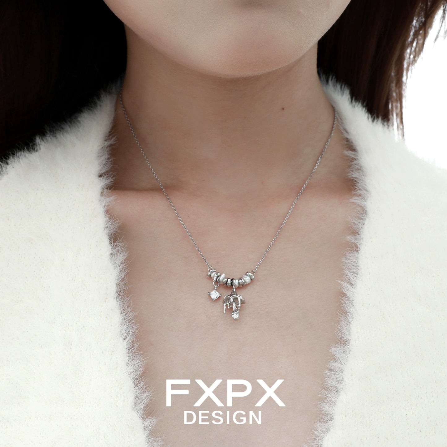 Silver FXPX Design metal mushroom necklace with unique charm details for stylish accessories