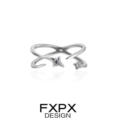 FXPX Meteor Track Silver Ring featuring a unique intertwined design with sparkling gems