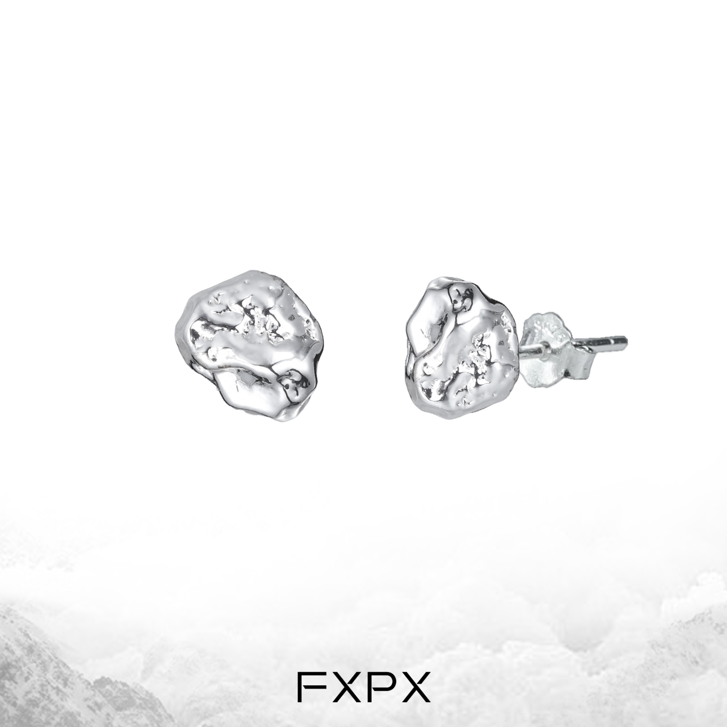 FXPX meteorite stud earrings in silver with a unique textured design for a modern look