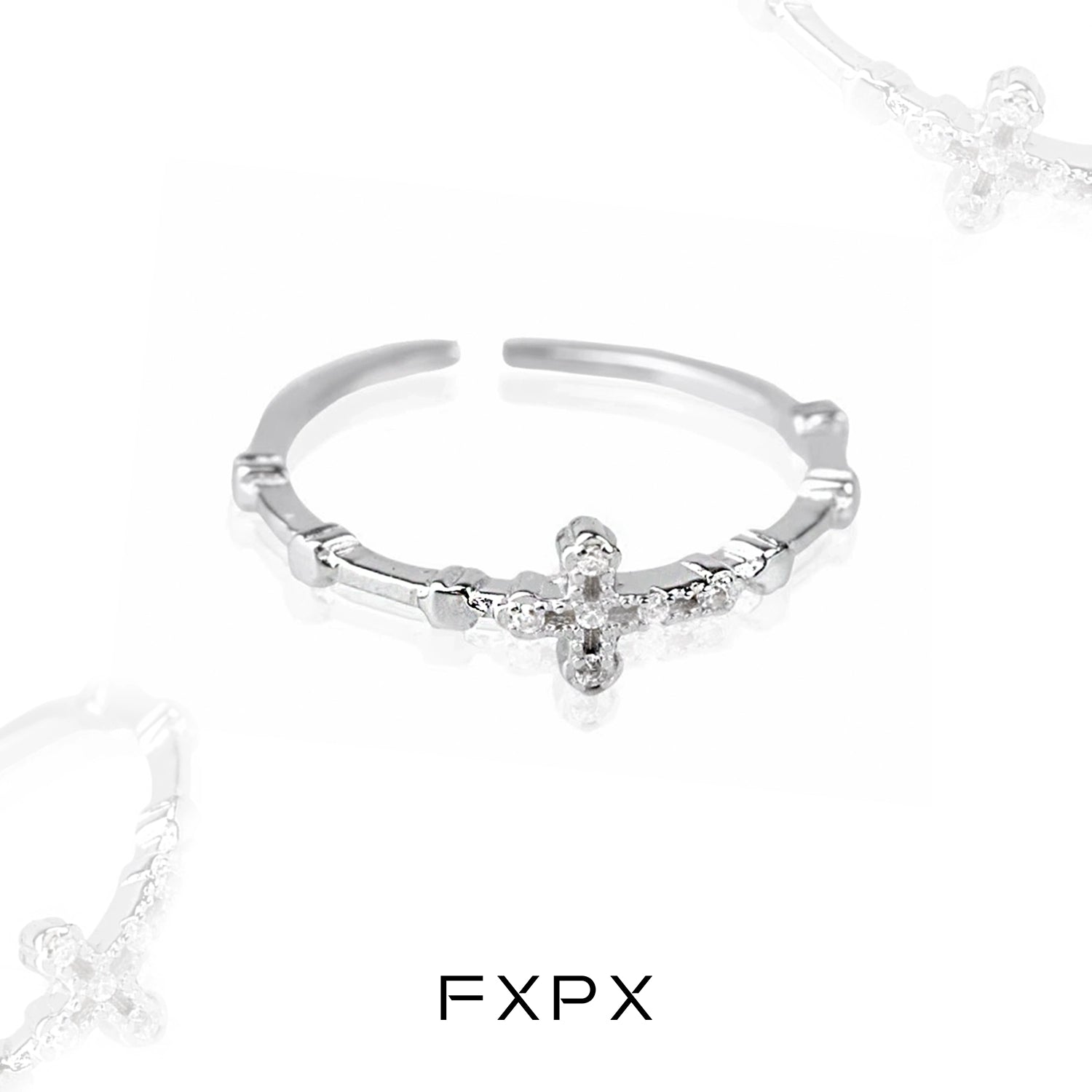Elegant minimalist cross silver ring from FXPX with a delicate design and sparkling accents