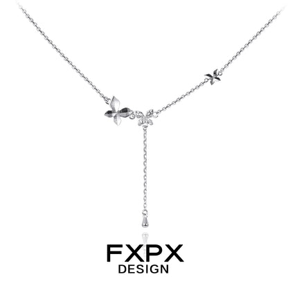 FXPX mirror butterfly pendant necklace with elegant floral design and hanging charm