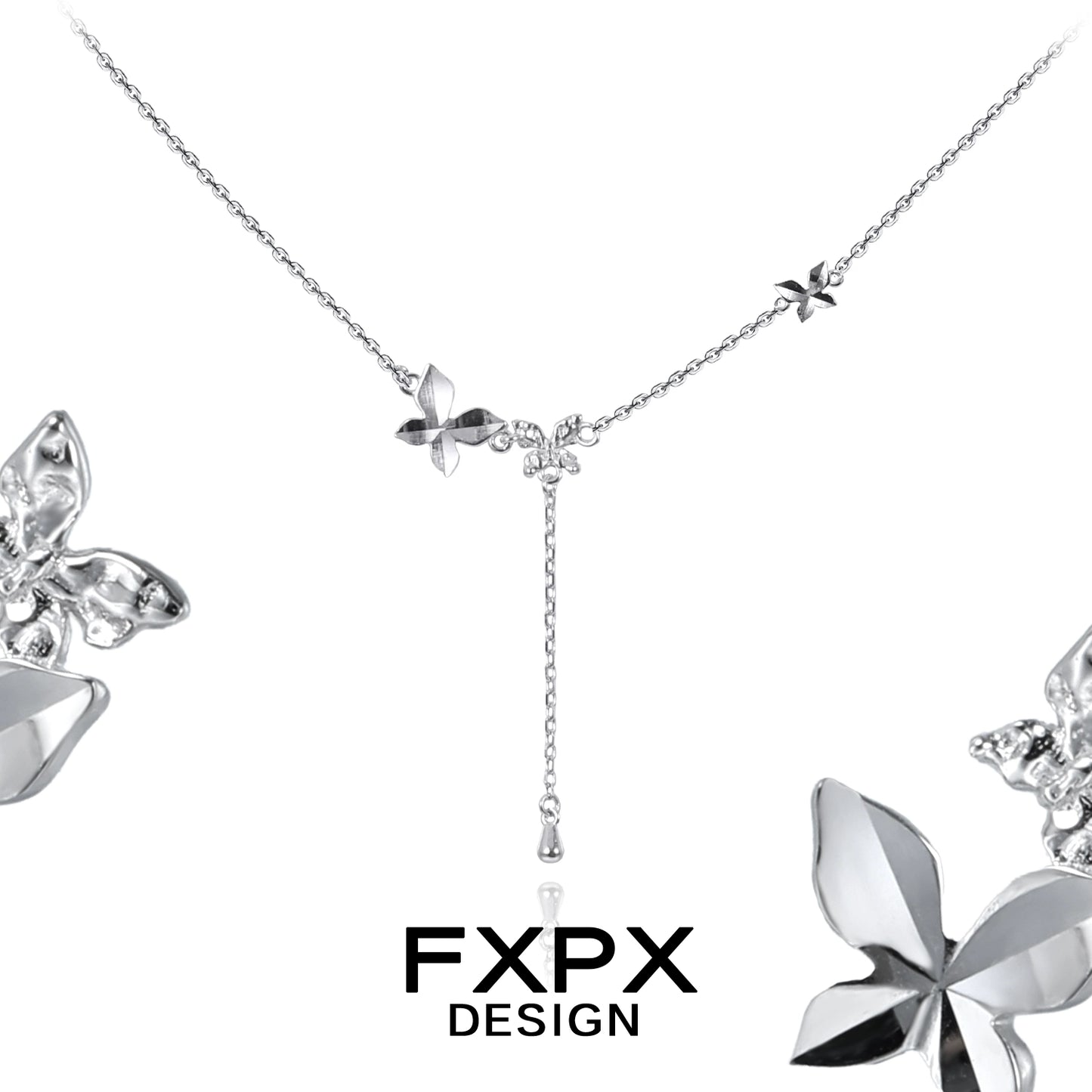 FXPX mirror butterfly pendant necklace with elegant design and adjustable chain detail