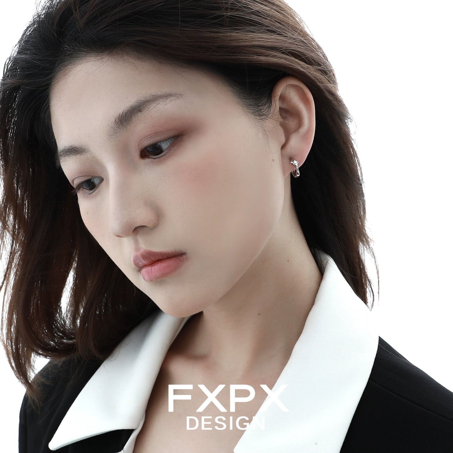 Stylish mirror square silver earrings showcased on a model with a sleek hairstyle
