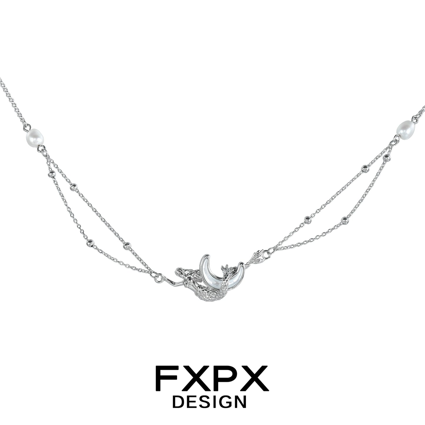 FXPX moon shell necklace in silver with delicate pearls and intricate design