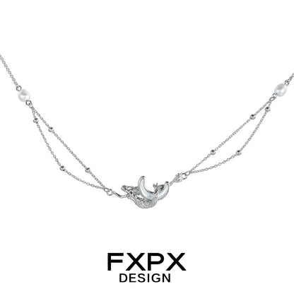 FXPX moon shell necklace in silver with delicate pearls and intricate design