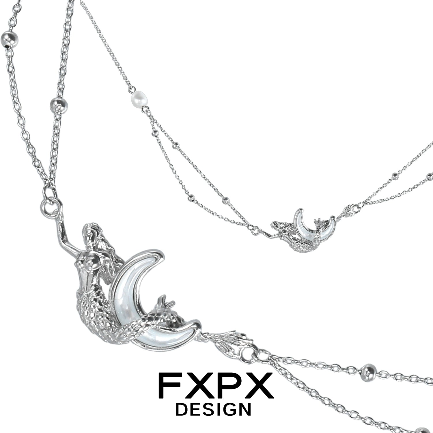 FXPX moon shell necklace featuring a silver design with intricate details and a unique crescent shape