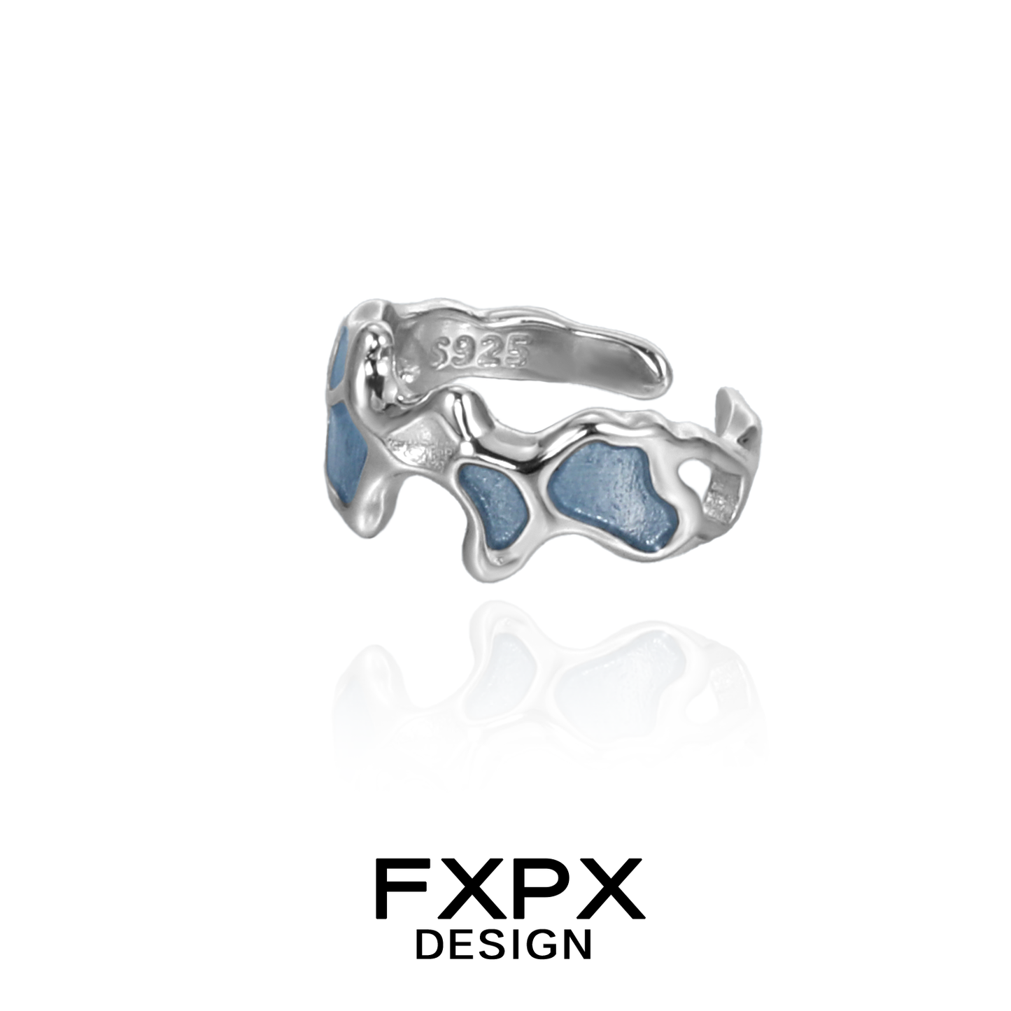 FXPX Mystic Island Ear Cuff in Silver with Unique Wave Design and Blue Accent