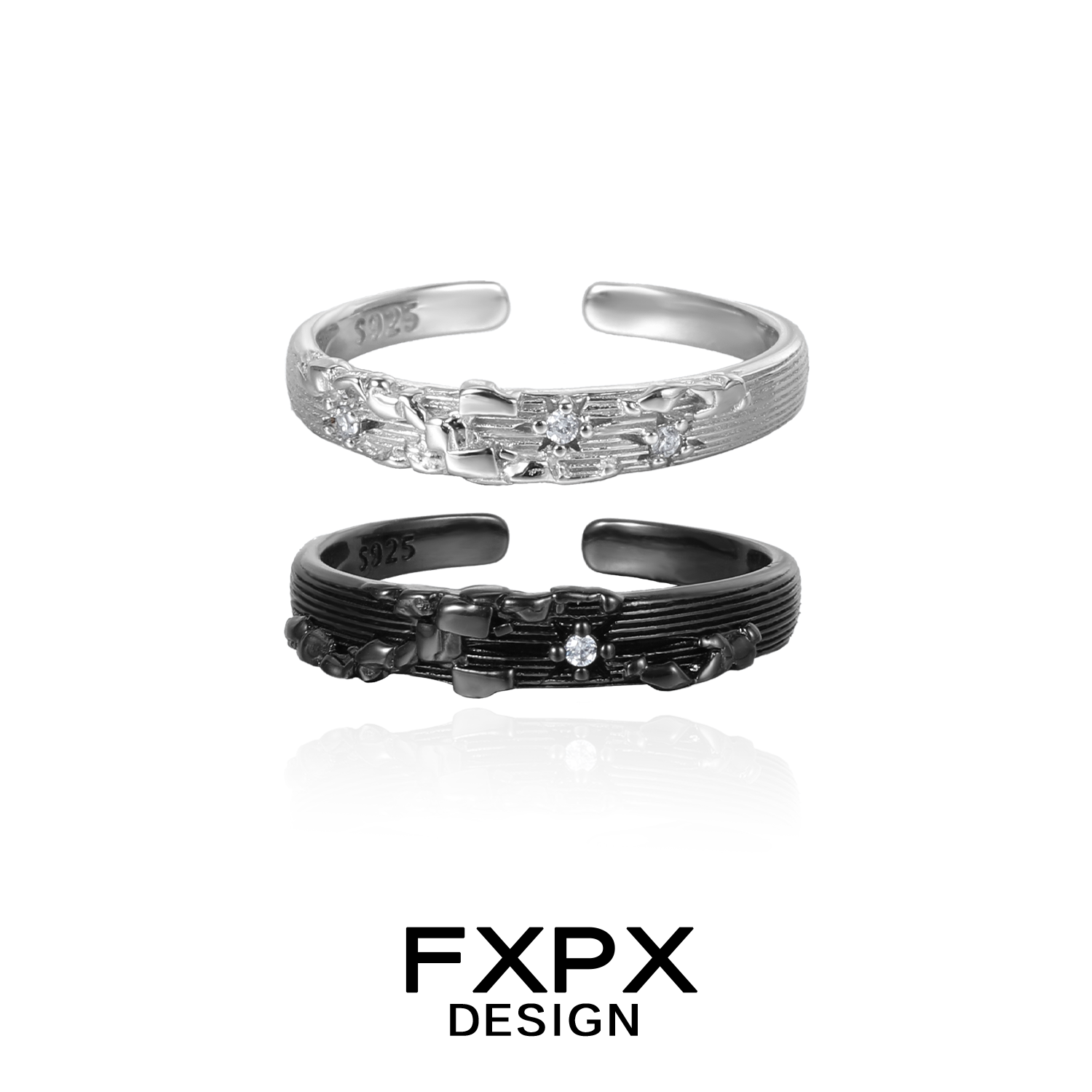 FXPX Mystic Map Couple Rings in Silver and Black with Unique Geometric Design