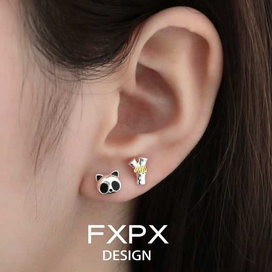 FXPX panda bamboo silver stud earrings featuring a cute panda and bamboo design