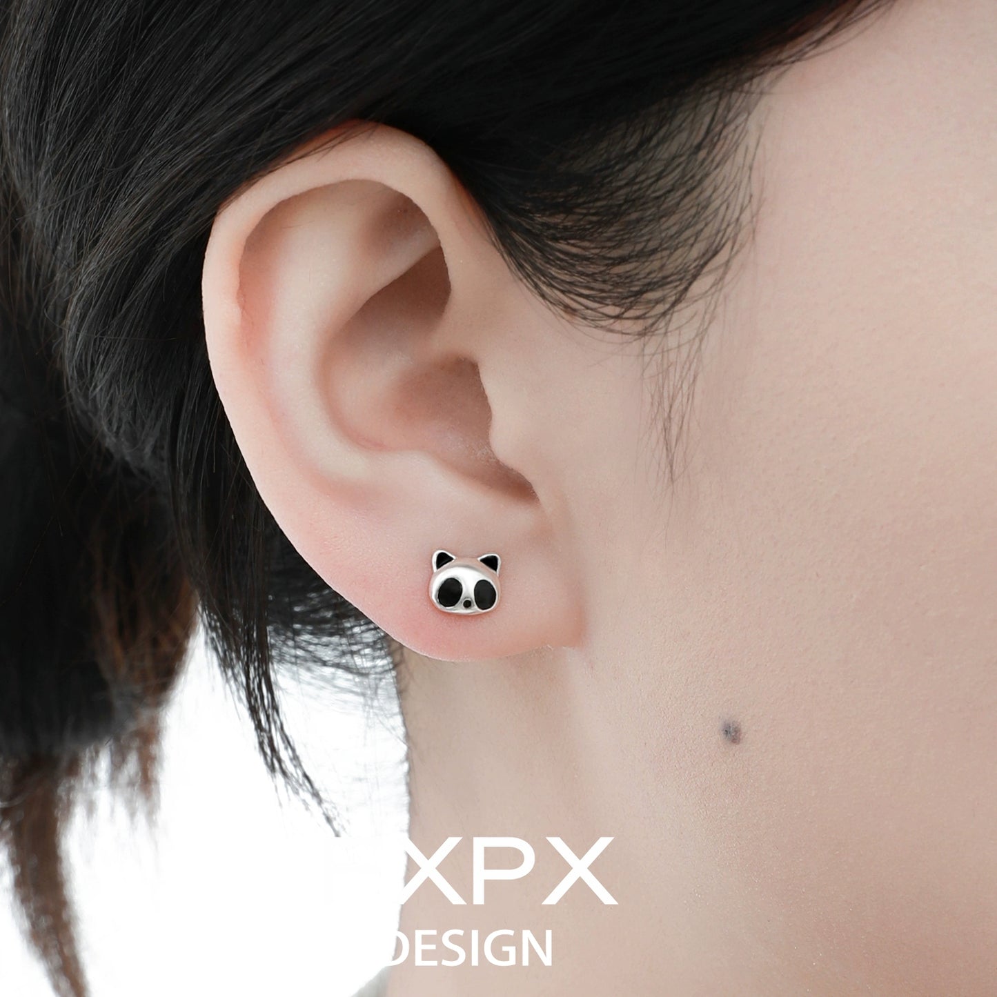 FXPX panda bamboo silver stud earrings showcasing a cute panda design in a close-up view