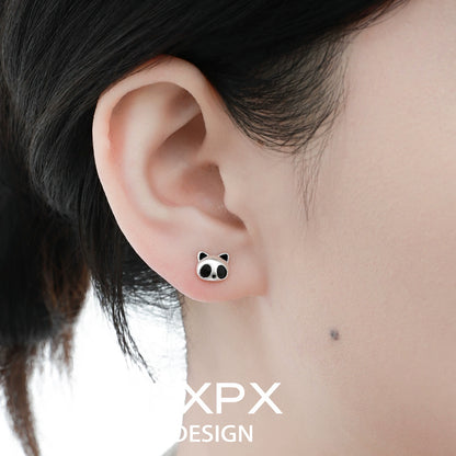 FXPX panda bamboo silver stud earrings showcasing a cute panda design in a close-up view