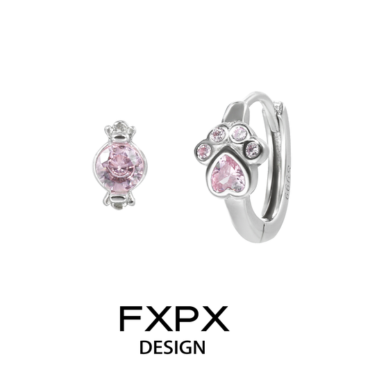 FXPX pink cat paw earrings with sparkling crystals for a cute and stylish accessory