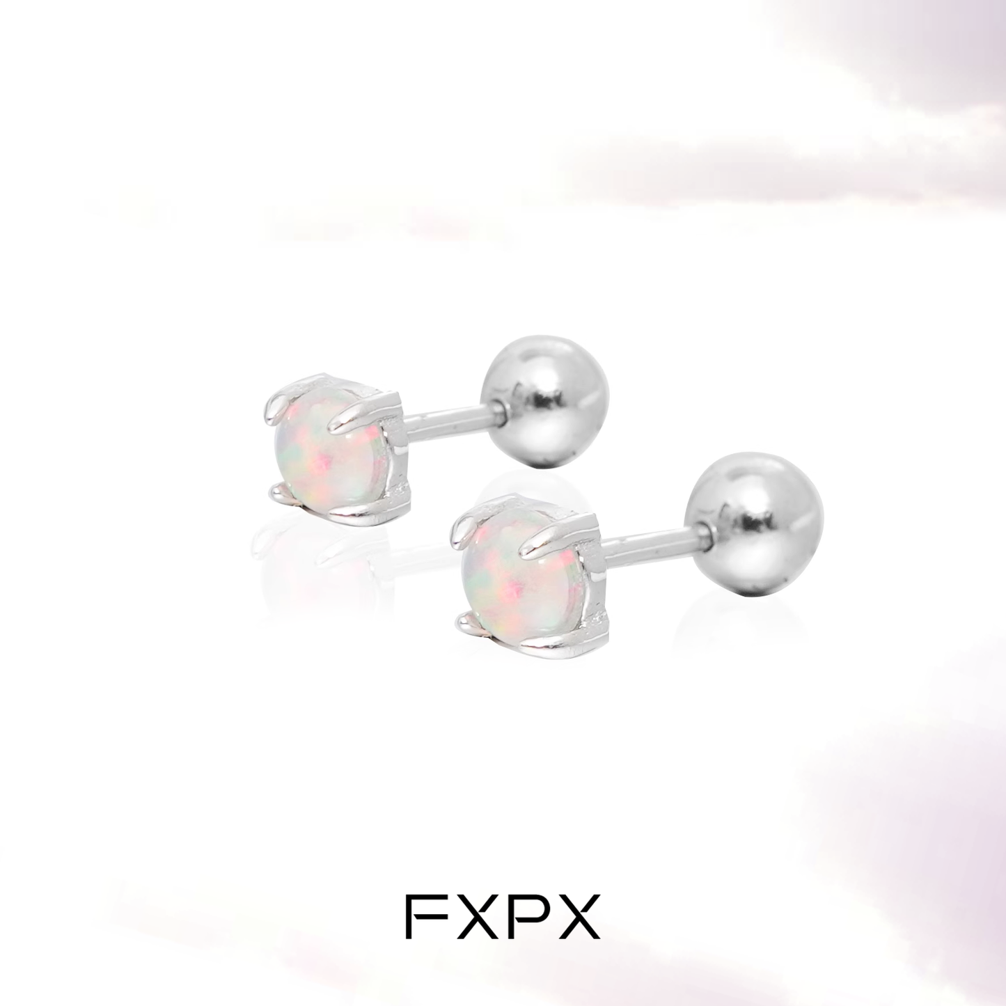 FXPX Pink Rose Stud Earrings with Shimmering Opal Stone in a Silver Setting