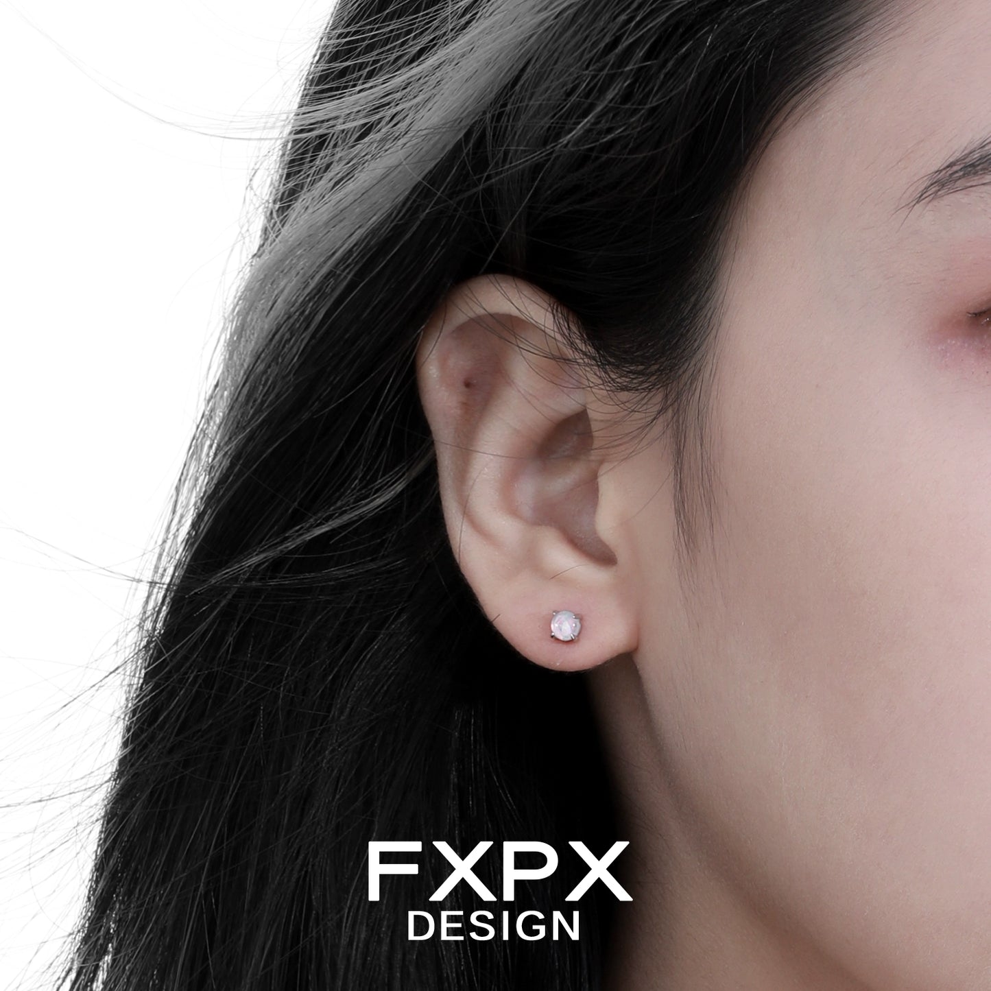 FXPX pink rose stud earrings showcased on a model's ear for a delicate and stylish look