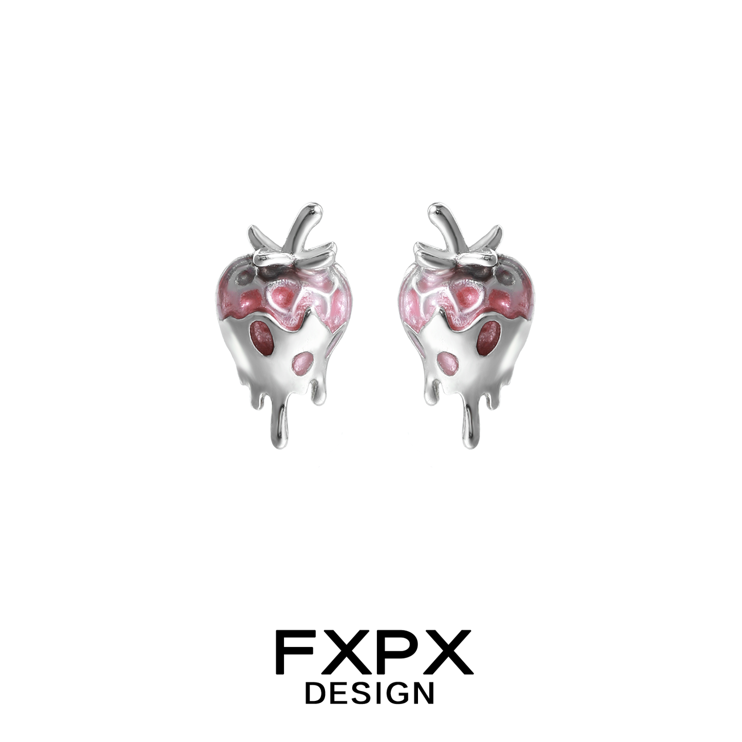 FXPX pink strawberry stud earrings featuring a glossy finish and playful design for casual wear