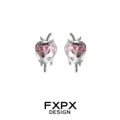 FXPX pink strawberry stud earrings featuring a glossy finish and playful design for casual wear