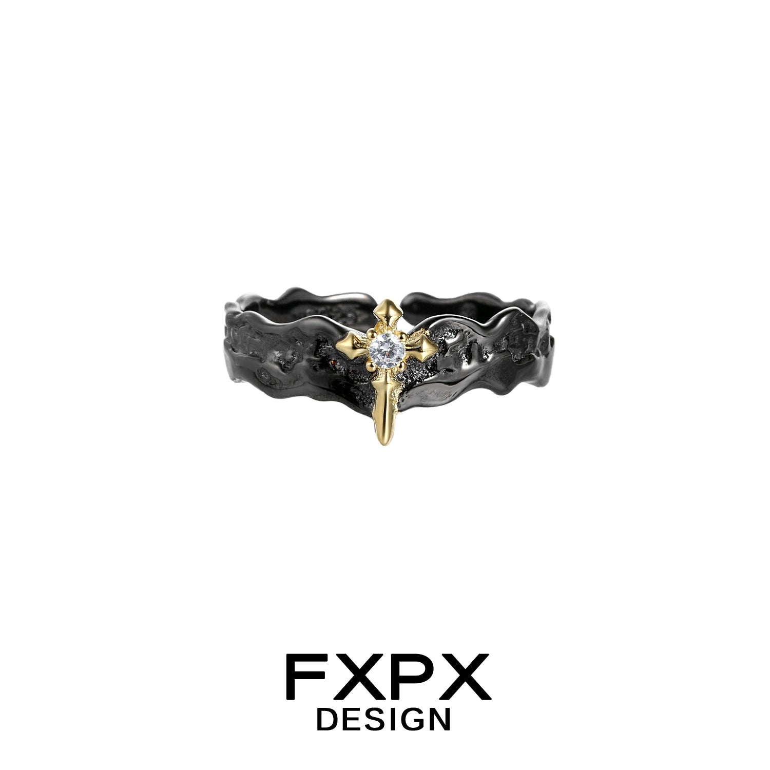 FXPX princess knight couple rings with a gold cross and black textured band design