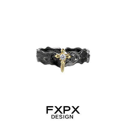 FXPX princess knight couple rings with a gold cross and black textured band design