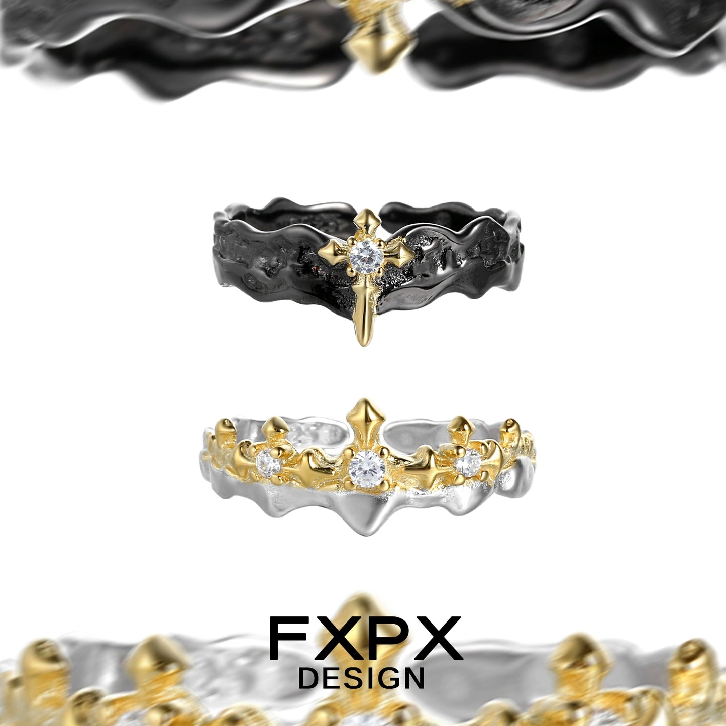 FXPX Princess Knight Couple Rings featuring Cross Designs and Sparkling Stones in Gold and Silver