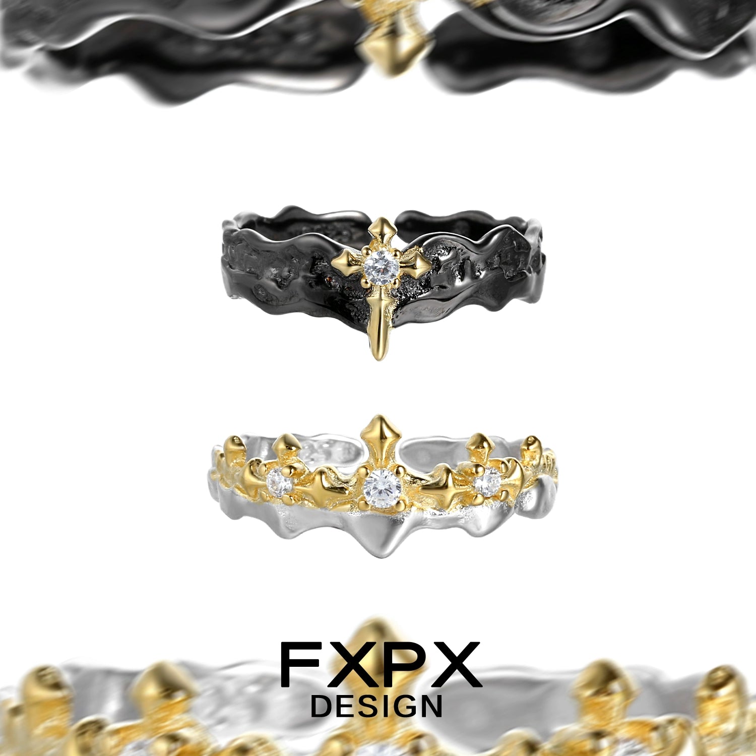 FXPX Princess Knight Couple Rings featuring Cross Designs and Sparkling Stones in Gold and Silver