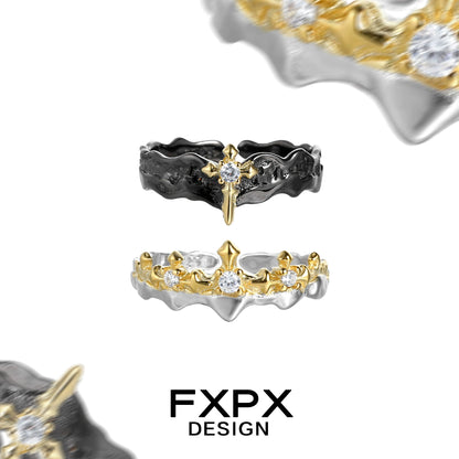 FXPX Princess Knight Couple Rings in Silver and Gold with Cross and Diamond Details