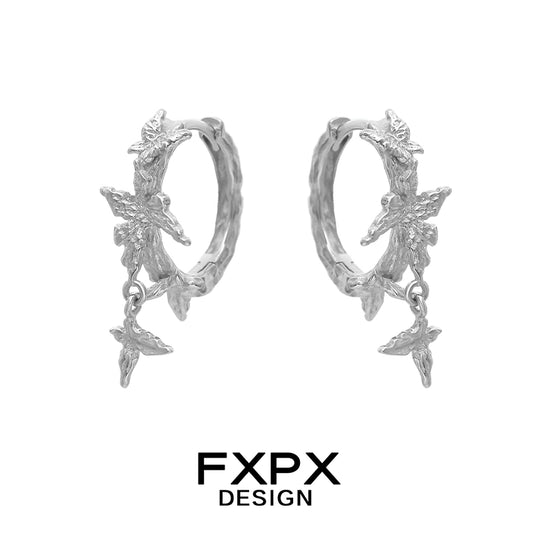 FXPX punk butterfly earrings in silver with a unique leaf design for stylish accessorizing