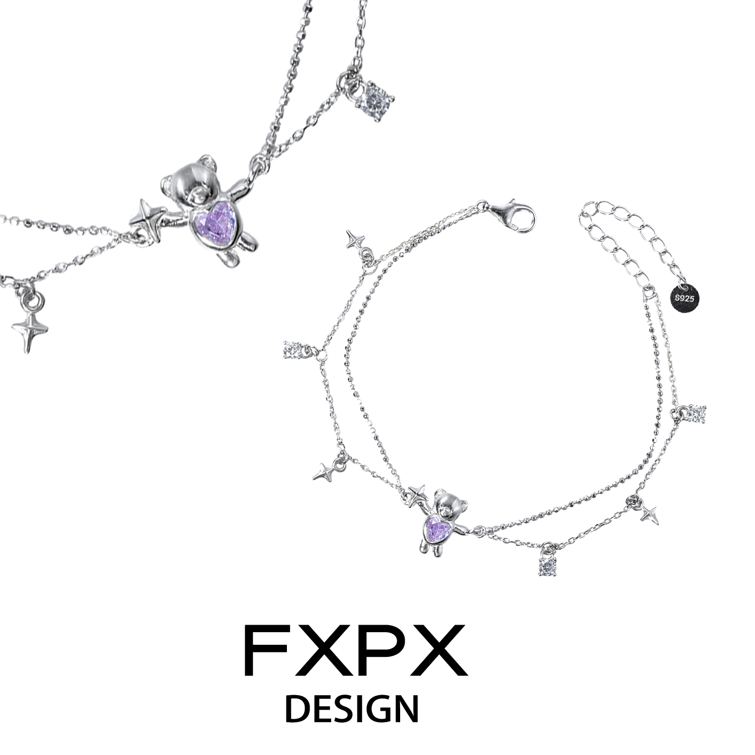 FXPX silver bracelet featuring a purple bear charm and sparkling accents, perfect for stylish accessorizing