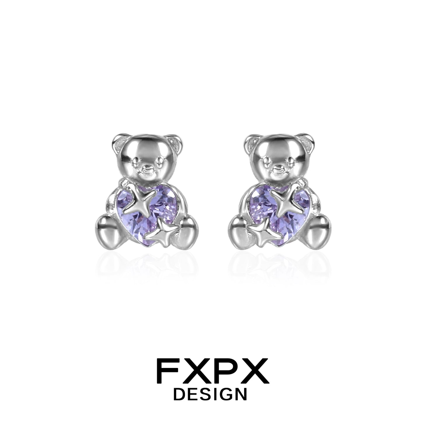 FXPX purple bear stud earrings featuring heart-shaped purple gemstones for a cute accessory