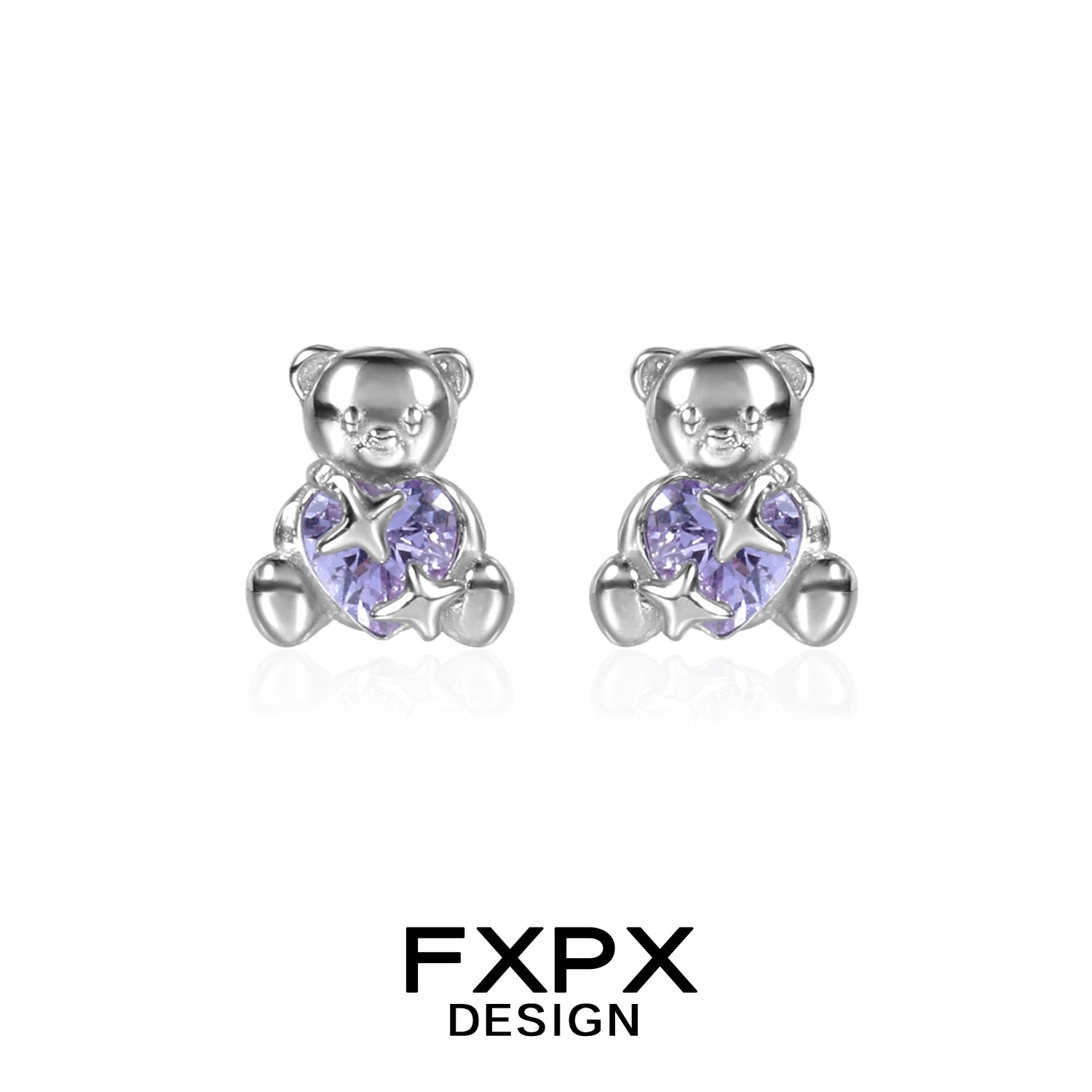 FXPX purple bear stud earrings featuring heart-shaped purple gemstones for a cute accessory