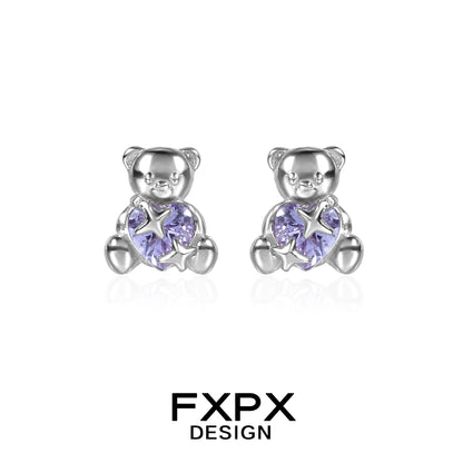 FXPX purple bear stud earrings featuring heart-shaped purple gemstones for a cute accessory